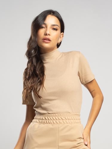 Blusa Básica Feminina Gola Alta Manga Curta Canelada Casual (BR, Alfa, M, Regular, Bege)