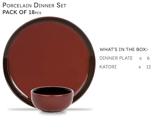 Image of Bodhi House Handcrafted Chip Resistant Porcelain Dinner Set, 18 Pieces Dish Set Serving for 6, Microwave and Dishwasher Safe, Bone-ash Free, Crockery Set for Dining and Gifting, Deep Red
