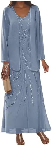 TORYEMY 2 Piece Mother of The Bride Dresses with Jacket Dusty Blue Chiffon Formal Dresses Long Sleeve Sequin Evening Dress for Women Size 12