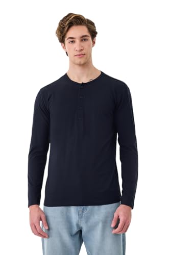Image of SNITCH Men's T-Shirt | Regular Fit Henley Neck Full Sleeve Solid Pattern | Stretchable Rayon Cotton Spandex Blend Breathable Fabric for Casual & Everyday Wear