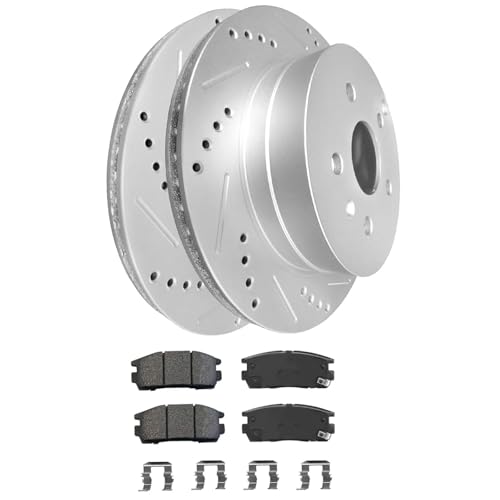 Image of WEIZE Rear Brake Kit for Chevy Equinox GMC Terrain 2010-2017, Carbon Fiber Ceramic Brake Pads & Drilled /Slotted Brake Rotors Set