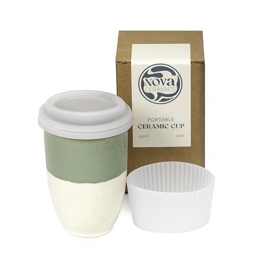 Image of NOVA CERAMICS Travel Mug - Ceramic To Go Coffee Mug With Lid - Travel Mug Ceramic To Go Cup - Microwave & Dishwasher Safe Ceramic Coffee Mug With Lid - Gifts For Women Men Him Her - 12oz - Sage Green