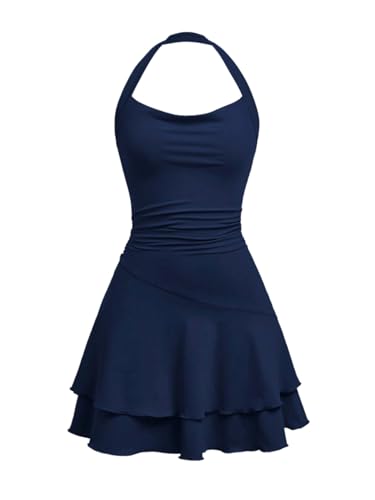 SweatyRocks Mädchen Neckholder Kleid A Linie Ärmelloses Freizeitkleid mit Rüschen Mehrschichtiges Kleider Halter Partykleid Dunkelblau 16 Jahre