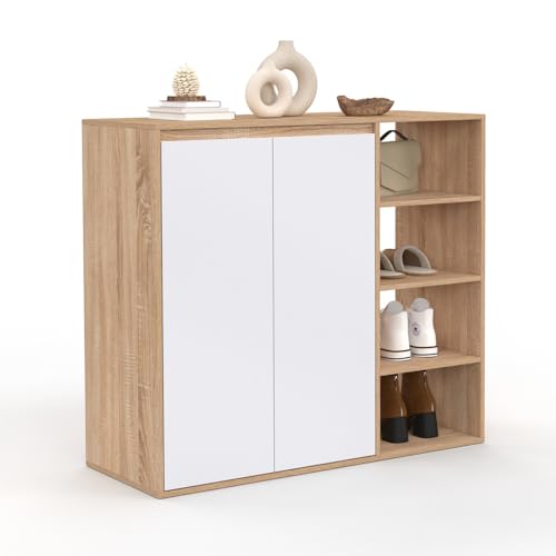 IDMarket - Armoire à Chaussures 12 Paires TOMI 2 Portes avec 4 étagères façon hêtre et Blanc