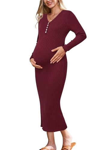 OUGES Women's Wool Blend 2025 Winter Maternity Sweater Dress V Neck Long Sleeve Slim Fit Ribbed Knit Midi Bodycon Dresses
