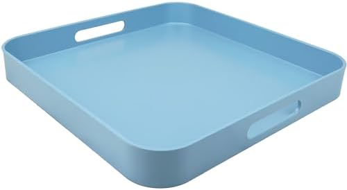 Square Blue Decorative Serving Tray with Handles, Versatile Ottoman Tray for Coffee Table, Entertaining, Outdoor Patio, Living Room, 13