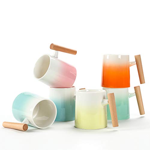 TEANAGOO MS026C Porzellanbecher mit Holzgriff - 480ml für Kaffee, Tee, Kakao, 6er-Set, kalt sortierte Farben Cover