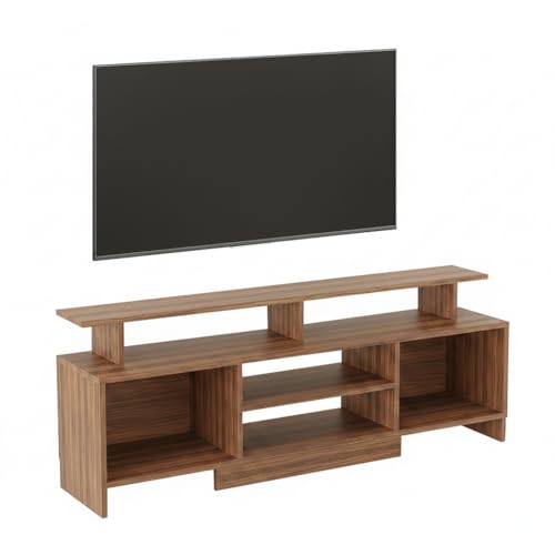 Image of FURNEASER Kashvi Floor Standing TV Unit for Living Room | Modern Engineered Wood TV Cabinet with Open Storage Shelves | Entertainment Center for Upto 55 Inch TV (Exotic Teak Finish)