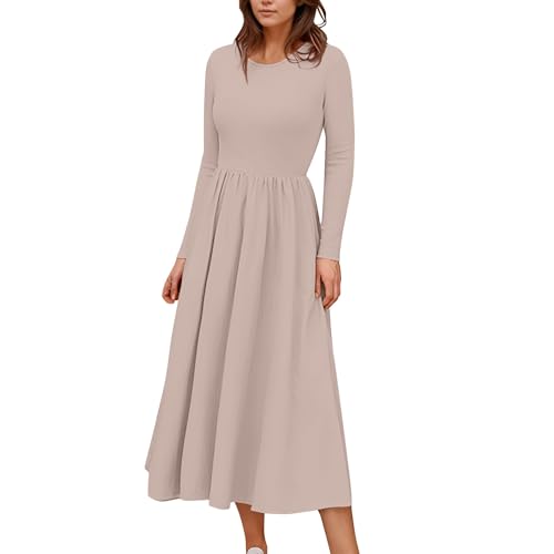 Kleider Damen Lang Elegant Midikleid Damen A Linie Plissee Herbstkleid Langarm Midi Kleid Frauen Rundhals Damenkleider Einfarbig Skaterkleid Freizeit...