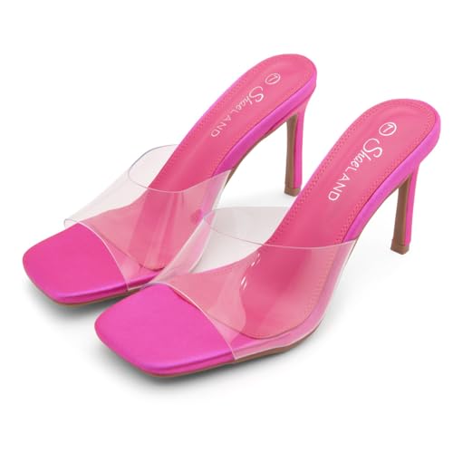 Image of Shoe Land Melrose Women's High Heels Stiletto Heeled Slides, Square Open Toe One Band Slip-On Heeled Mules - Dressy Clear Heeled Sandals for Prom Party Wedding and Vacation