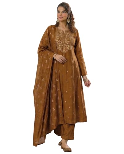Image of ANNI Designer Women's Viscose Straight Printed Embroidery Kurta with Pant & Dupatta | Long Sleeve Ethnic Kurta Set for Women | Casual Office, Daily, Party Outfits