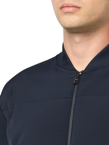 Detail shot of the jersey blend fabric and precise stitching on a premium men's jacket