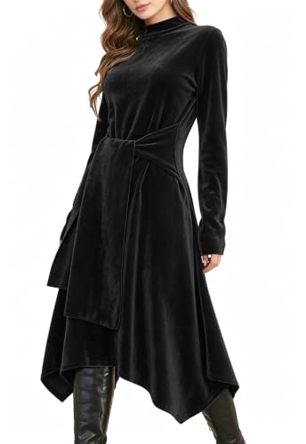 Image of Jayscreate Women's 2023 Long Sleeve Sweater Dress Fall Winter Midi Tie Front Knit High Waist Business Casual Dress