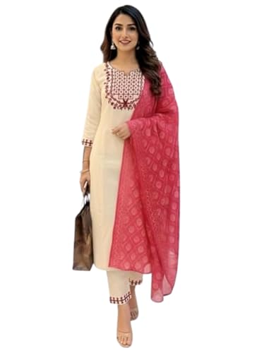Vêtement ethnique femme kurta rose coton pantalon dupatta Chanderi S
