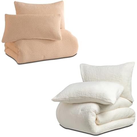 LLanCL 3D Jacquard Sherpa Comforter Set (Cream White, Queen Size 90"x90") and Reversible Sherpa Comforter Set (White, King Size 104"x90") Cover