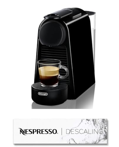 Nespresso Essenza Mini EN85.B con set descalcificador descaling 2 x 100 ml, máquina de café De'Longhi, sistema cápsula original, depósito de agua 0,6 L, negro