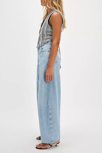 CHARTOU Women Baggy Horseshoe Ankle Jeans Patchwork Y2k High Waisted Wide Leg Denim Pants with Pockets3