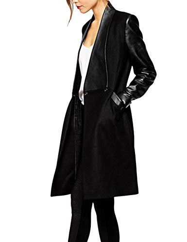 xxxiticat Women's Double Breasted Faux Leather PU Coat Patchwork Splice Lapel Panel Trench Woolen Jacket Cardigan3