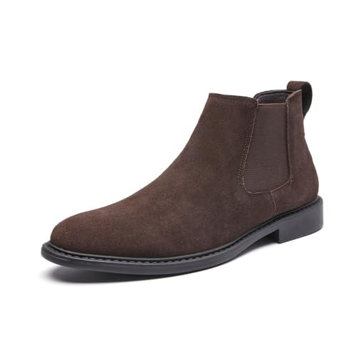 MANLADUO Botas Chelsea de piel auténtica para hombre, estilo británico, botas de vestir clásicas de gamuza para hombre, Marrón, 43 EU