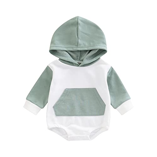 Image of xiqaalombvt Infant Baby Boy Girl Fall Clothes Hoodie Pullover Sweatshirt Romper Color Block Long Sleeve Onesie Outfit (Light Green, 3-6 Months)