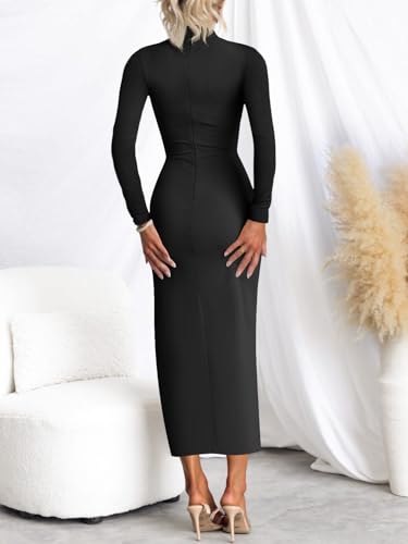 MIROL Women's 2025 Bodycon Maxi Dress Mock Neck Side Slit Fall Long Sleeve Ruched Long Dress4