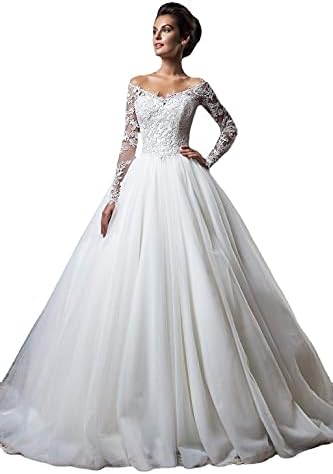 SAeWare Women's V Neck Lace Long Sleeve Off Shoulder Empire Waist A Line Floor Length Simple Wedding Dresses White XXXL, White, S,White-3XL