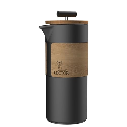 Image of LECTOR Atlantis French Press Coffee Maker | 450ml Capacity | Premium Ceramic Body with Natural Wood Sleeve & Lid | Manual Brewer for Coffee & Tea | Strong Ceramic Build, Superior Filtration (Black)