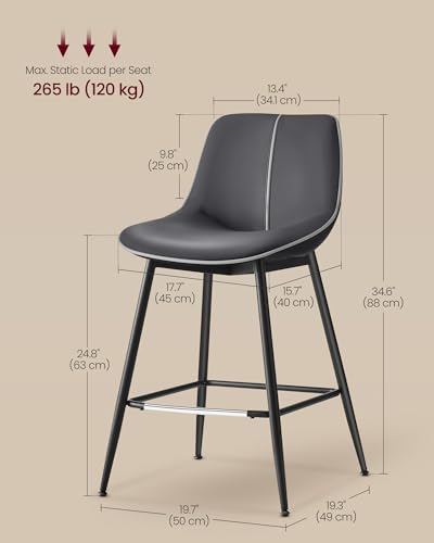 Image of VASAGLE Bar Stools Set of 2, Counter Height Bar Stools with Back, Ergonomic Backrest, Synthetic Leather, Metal Legs, 24.8-Inch Tall Barstools for Kitchen Island Home Bar, Easy Assembly, Ink Black