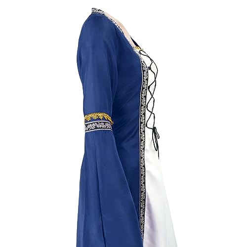Feynman Medieval Costume Women - Retro Medieval Dress Gothic Palace Ladies Trumpet Sleeves Party Renaissance Costume, Blue, L - Image 4