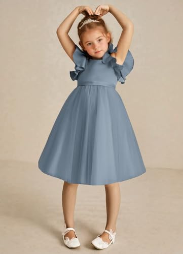 Girls Ruffled Sleeve Flower Girl Dress with Bow Knot Square Neck Satin Tulle Birthday A Line Dress3