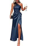 BTFBM Women 2023 One Shoulder Prom Dresses Sleeveless Cutout Ruched Adjustable Split Satin Party Cocktail Maxi Dress(Solid Navy, Small)
