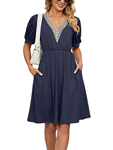 Robe d'été courte anti-chaleur chic col V bleu marine XL