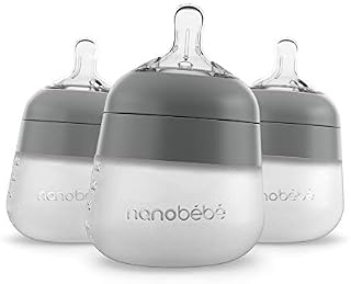 Nanobébé Flexy Silicone Baby Bottle, Anti-Colic, Natural Feel, Non-Collapsing Nipple, Non-Tip Stable Base, Easy to Clean 3-Pack, Gray, 150ml
