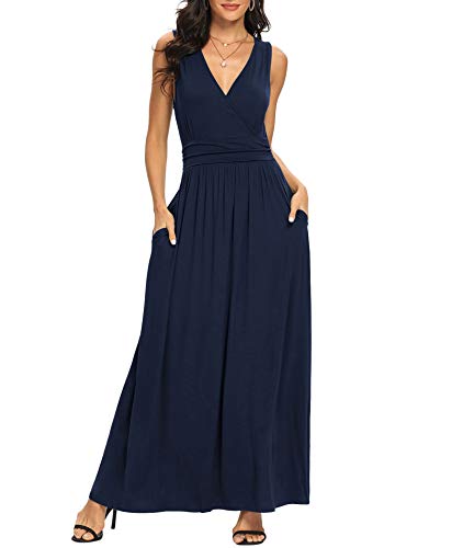 Image of LILBETTER Women Sleeveless Deep V Neck Loose Plain Long Maxi Casual Dress