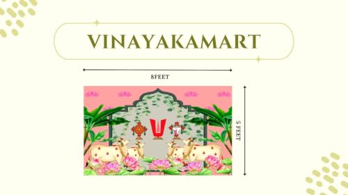 Image of Background Decoration Cloth | Venkateswara Swamy Pastel Pink Pooja Backdrop with Divine Kamadhenu & Lotus Garden 5x8 Feet |varamahalakshmi Pooja Background