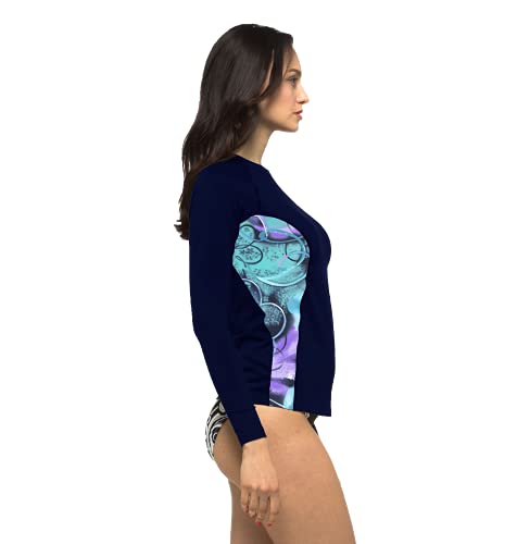 Private Island Women UPF 50+ Rash Guard Top Long Sleeve Swimsuit T- Shirt Workout (XXXL, Navy wJV-RGT)