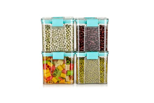 Image of rays Lock Air Tight Square Shape Kitchen Storage Container, Leak Proof Locking Lid, Fridge Cereal Dispenser, Food Storage Container (700 ML , Blue Lid Container, Pack Of 4)(Plastic) (Blue)