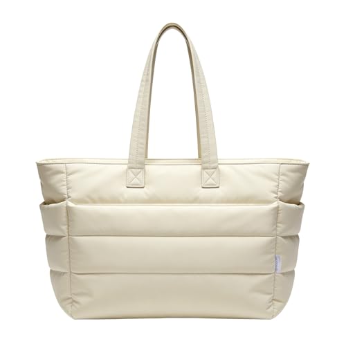 bagasin Bolso de Mano para Mujer, Shopper Bandolera Grande con Compartimentos y Cremallera, Bolso de Ordenador para Trabajo, Viajes, Deporte, Verano (Beige)