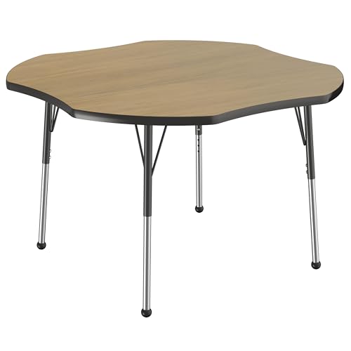 Image of FDP Clover (48 x 48 inch) Collaborative Classroom Table with Adjustable Standard Ball Glide Legs (19-30 in) School and Office Furniture - Pasadena Oak Top /Black Edge and Legs