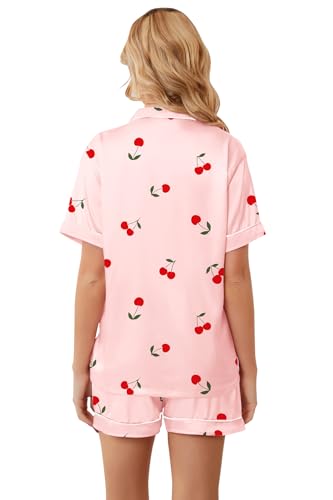 Image of Umeyda Women & Girls Pajamas Set, Soft Satin Lightweight Silk Button-Down Top with Shorts 2 Piece PJS for Mom Boys Kids Gifts