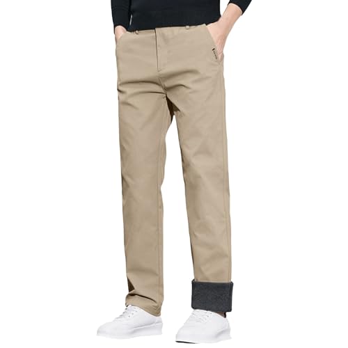 Pantalones chinos ajustados para hombre, pantalones de vestir lisos con forro polar cálido, pantalones casuales para otoño e invierno, trabajo, oficina, negocios, aislantes, caqui, L