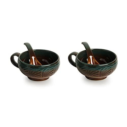 Image of ExclusiveLane Handled Soup Bowl with Spoon Ceramic (Set of 2, 300 ml, Microwave Safe, Hand-Glazed, Amber with Teal Tints) |Ceramic Soup Bowl with Handle Soup Bowls with Spoons Soup Bowl Set