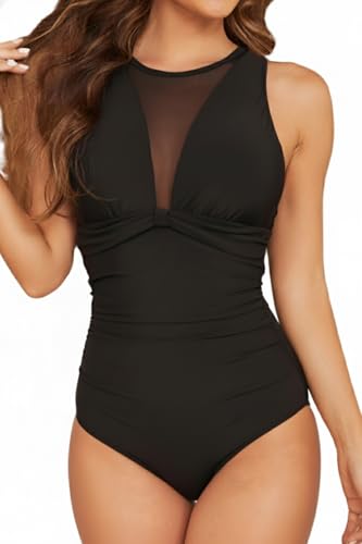 Image of Tempt Me Women One Piece Swimsuit Tummy Control Bathing Suit | High neck, Removable cups, Full coverage, Ruched, Mesh, Full lining