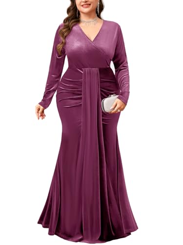 ZOMVA Plus Size Velvet Wrap Dress Long Sleeve V Neck Mermaid Maxi Formal Evening Gowns for Wedding...