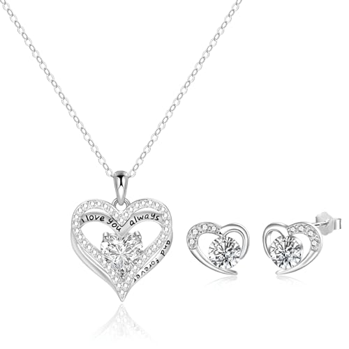 Collar y pendientes de plata de ley 925 con colgante de corazón y circonitas para mujer