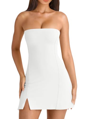 HYZ Women's Tube Strapless Sleeveless Y2K Split Party A-Line Mini Dress