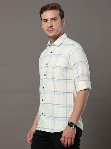 Image of COOL COLORS Men's Cream Slim Fit Cotton Casual Checks Shirt