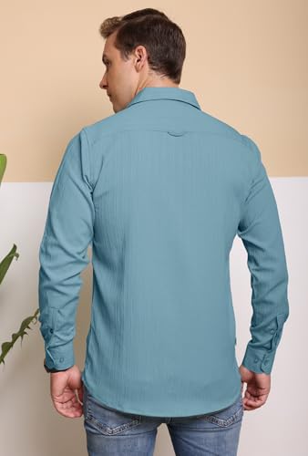 Image of FILO HEVIS Men's Casual Button Down Popcorn Shirts Stylish Long Sleeve Linen Textured Beach Summer Shirt