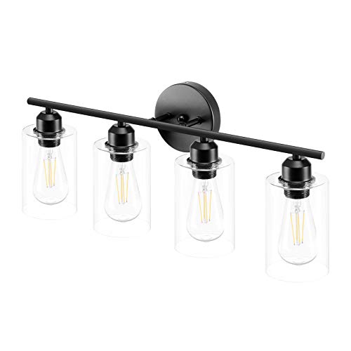 Espird 4 Light Bathroom Vanity Light Fixtures Black,Rustic Farmhouse Bath Vanity Light Over Mirror Sink Modern Industrial Wall Lamp Hallway lamp with Clear Cylinder Glass Shade