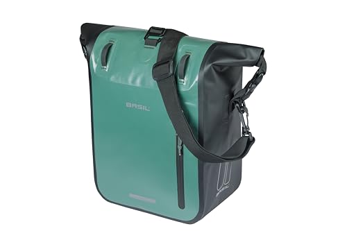 Basil Rivo Einzelne Fahrradtasche Gepäckträger – Wasserdicht 12-15L – Reflektierend – aus Tarpaulin – Mit MIK Hooks – 25X14X38 cm – Grün